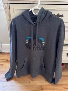 Marmot Dark Gray Pullover Hoodie with Blue Accent Logo